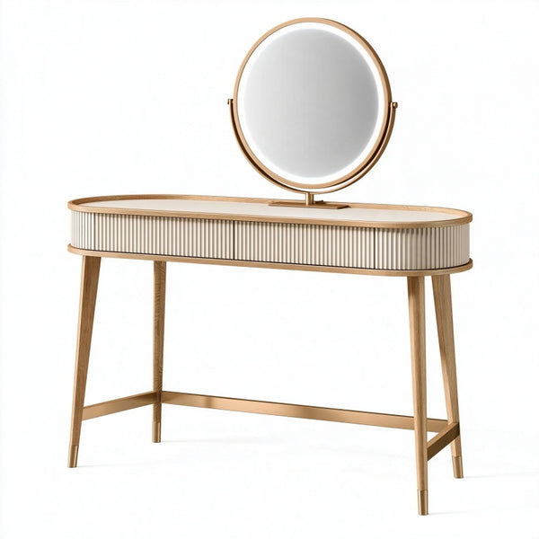 Toeletta 100 x 40 x 140 cm in legno beige e oro con specchio stile moderno