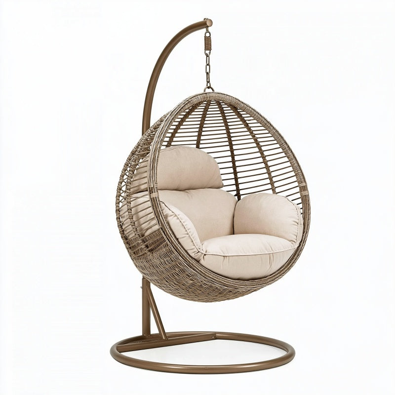 Poltrona sospesa da giardino diametro 105 cm in metallo e rattan marrone con supporto