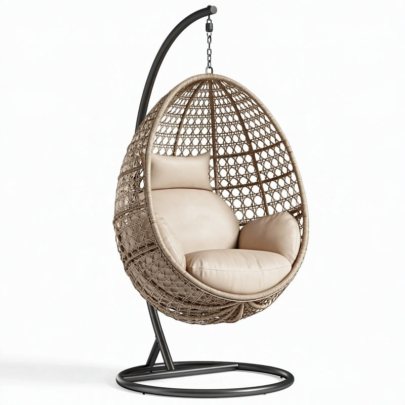 Poltrona sospesa 105 x 105 x 195 cm in rattan beige con struttura in metallo nero - stile boho da esterno