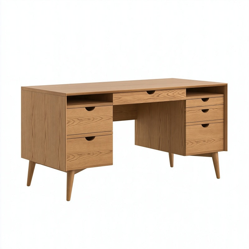 Scrivania 140 x 60 x 75 cm in legno rovere naturale con 7 cassetti - stile moderno
