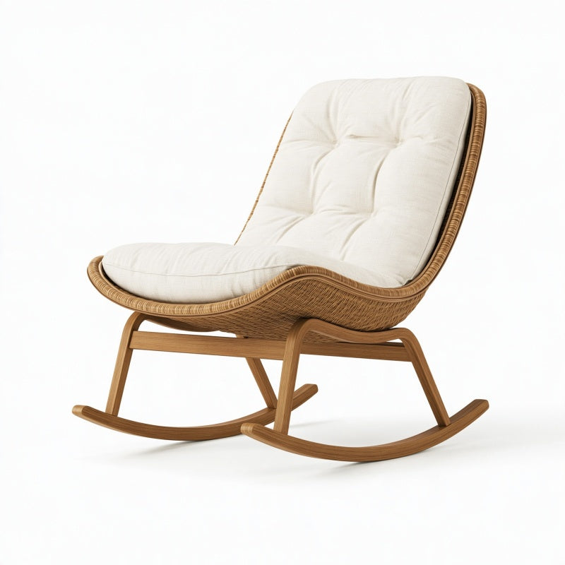 Sedia a dondolo 100 x 75 x 95 cm in legno e rattan naturale con imbottitura crema stile bohémien
