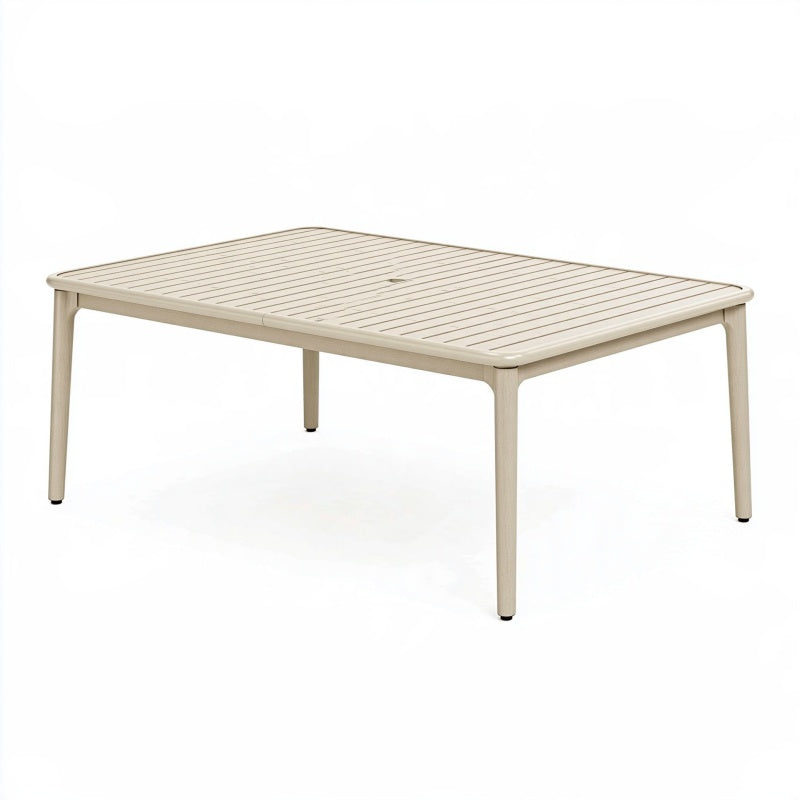 Tavolo da giardino 140x80x74 cm in alluminio beige con piano a doghe stile moderno