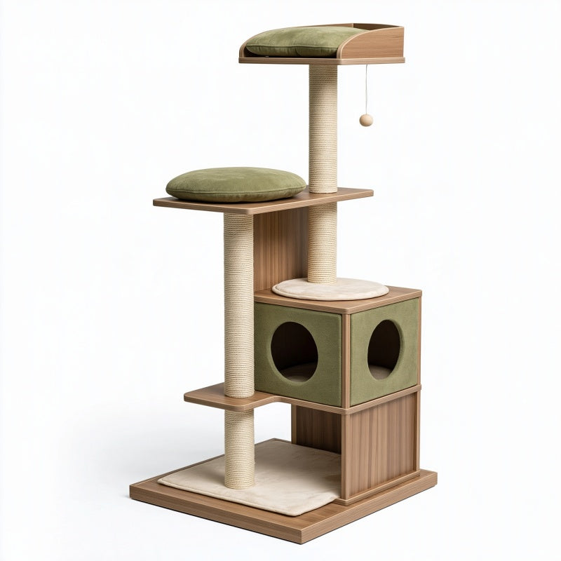 Albero tiragraffi per gatti 60 x 50 x 150 cm in legno verde con corde in sisal e cuccia