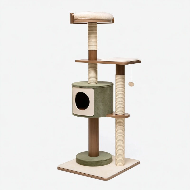 Albero tiragraffi per gatti 50 x 50 x 150 cm in legno beige e verde salvia con sisal e cuccia