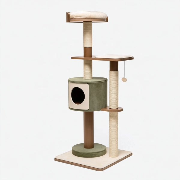 Albero tiragraffi per gatti 50 x 50 x 150 cm in legno beige e verde salvia con sisal e cuccia
