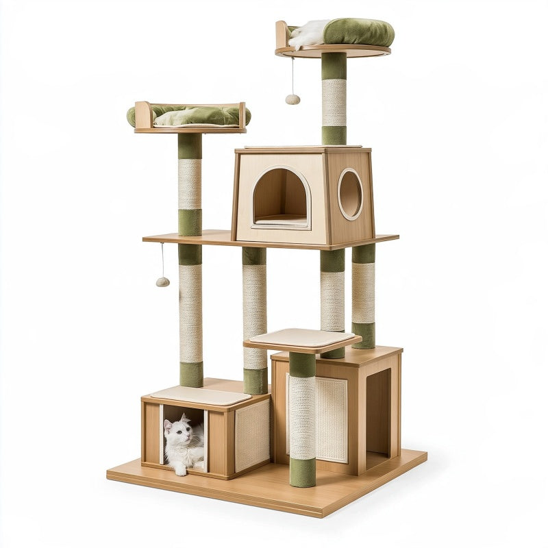 Albero tiragraffi per gatti 80 x 60 x 170 cm in legno naturale verde e bianco con rifugi e piattaforme